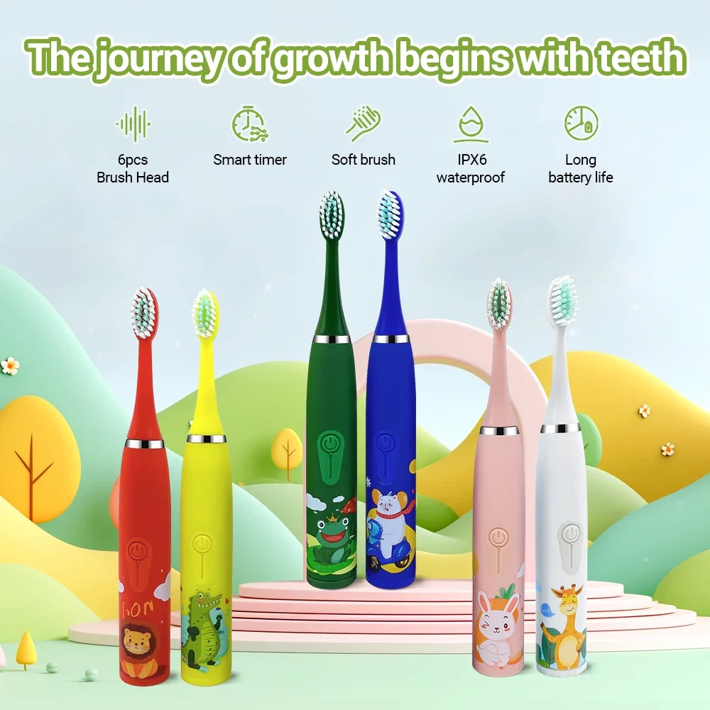 Children\'s Electric Toothbrush Cartoon Boy Girl Kids With Replacement 6 Head Ultrasonic Waterproof Rechargeable Sonic Toothbrush