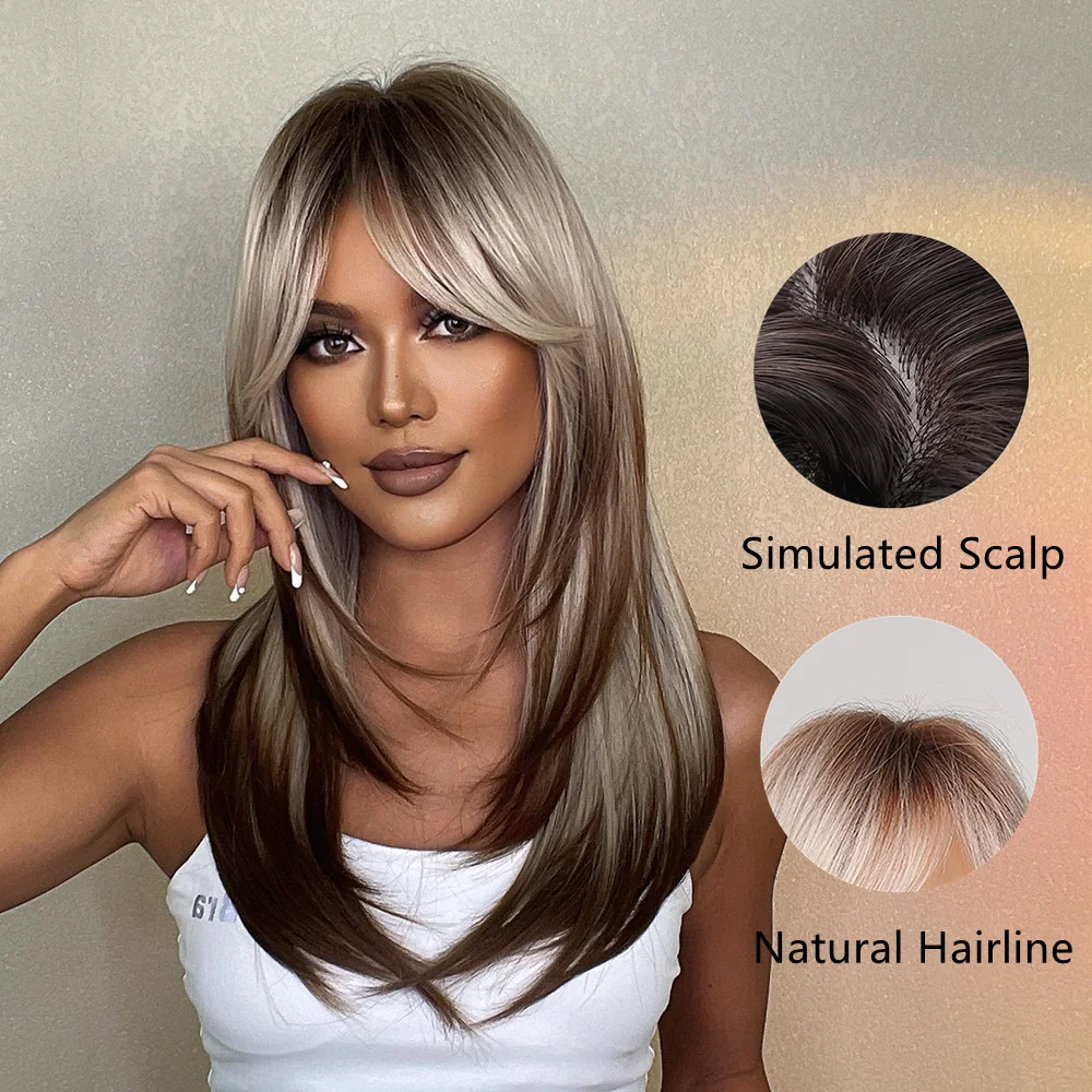 ALAN EATON Blonde Layered Synthetic Wigs for Women Long Straight Brown Highlights Wigs with Bangs Balayage Hair Heat Resistant