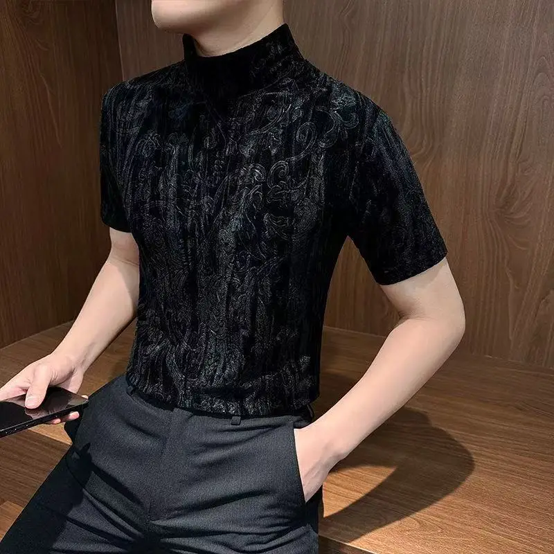 2026 Summer Velvet Jacquard Semi High Neck Short Sleeved T-shirt for Men Casual Business Tshirts Streetwear Men Clothing