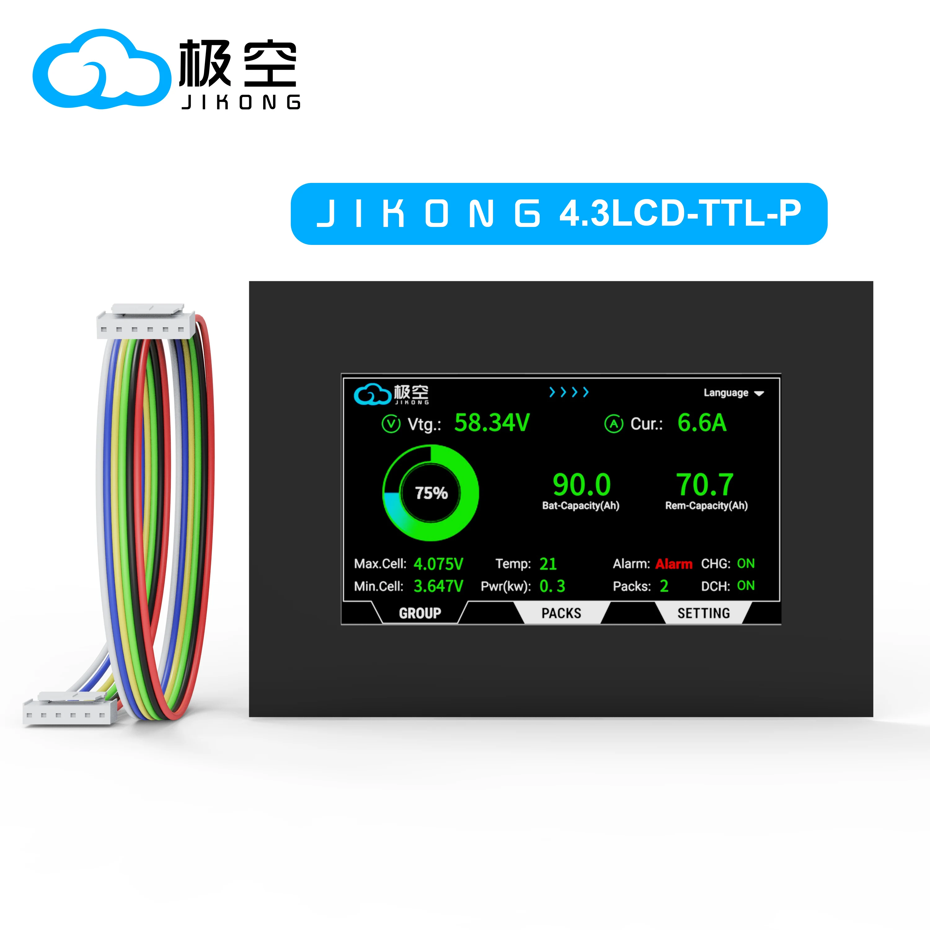 

JKONG JK BMS 4.3 Inch Screen Display for V19 PB1A16S10P PB1A16S15P PB2A16S15P PB2A16S20P Communication Set Multilingual Setting