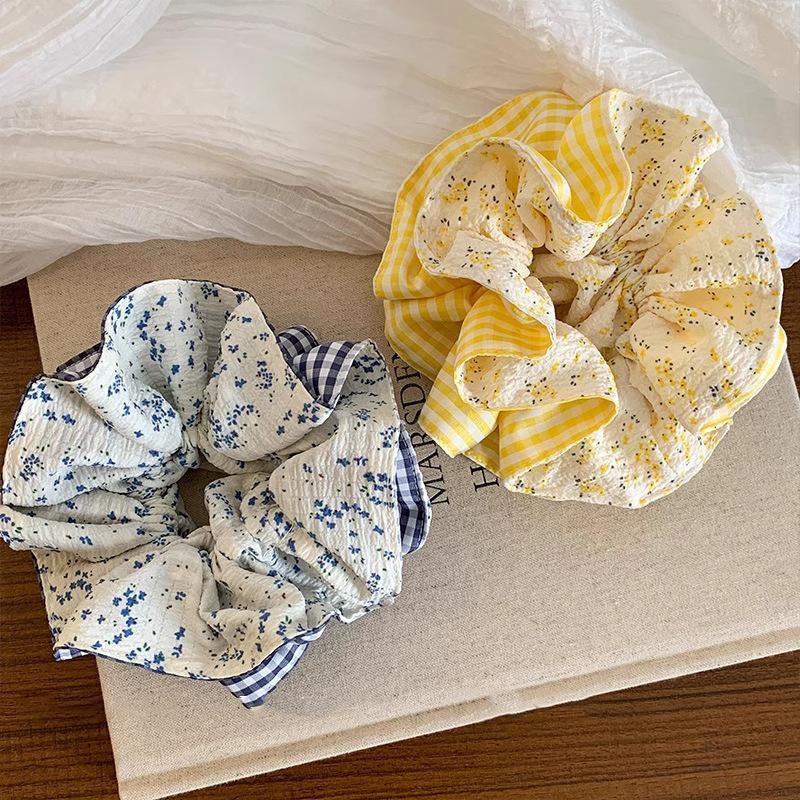  Double Sided Gingham Floral Hair Scrunchies 1/3Pcs Stretchy Hair Ties for Women Outdoor Picnic Hair Decoration 