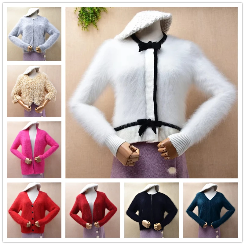 Ladies Women Spring Autumn Christmas Red Hairy Angora Rabbit Hair Knitted V-Neck Long Sleeves Slim Cardigans Sweater Jacket Pull
