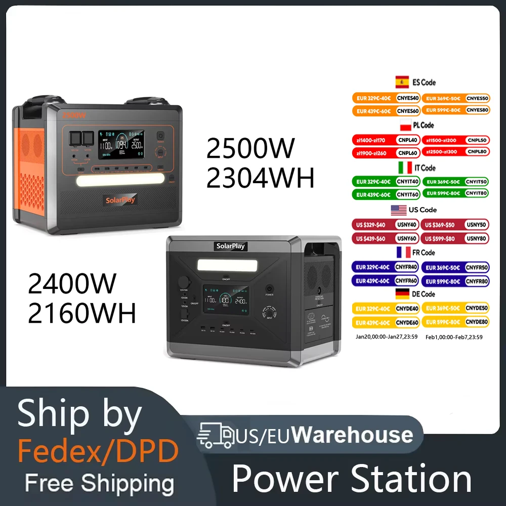 SOLARPLA Camping Portable Power Station 2400W /2500W Lifepo4 Battery 220V110V AC Outlets Power Emergency Backup For Home Outdoor