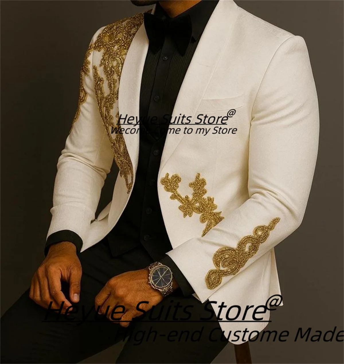 

Gorgeous Golden Bead Elegant Men Suits Shiny Slim Notched Lapel Groom Wedding Tuxedos 2 Pcs Sets Male Prom Blazers Ropa Hombre