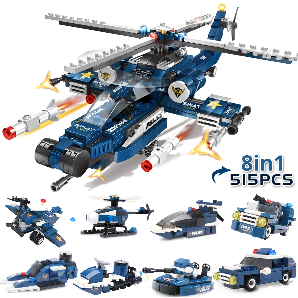 DIY blocks 515pcs 8in1 SWAT Police Building Blocks City Helicopter Car 8 Policeman Figures Bricks Educational Toys for Children