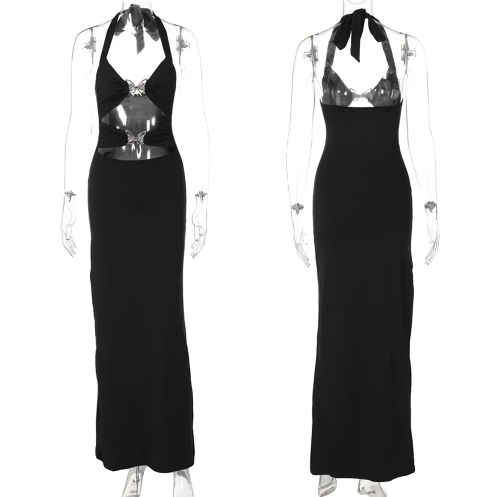 Sexy ausgehöhltes Maxikleid für Damen, Sommermode, Schleife, Neckholder, ärmellos, figurbetont, Abendparty-Kleider, Club-Outfits