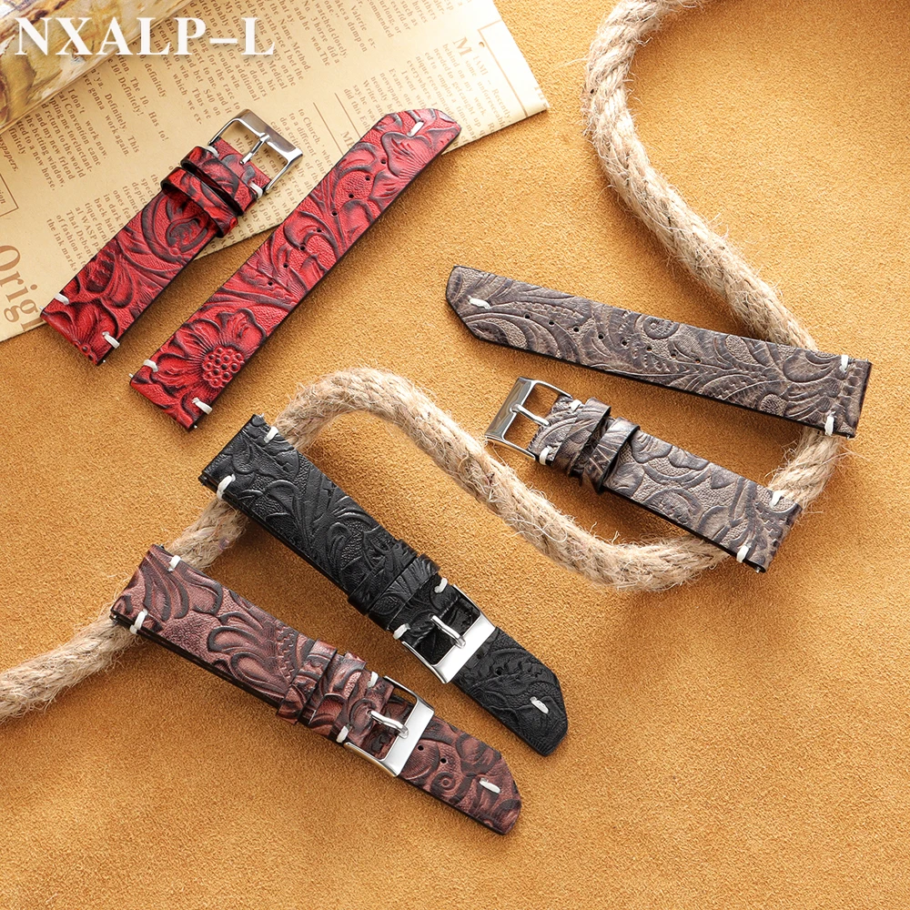Top Layer Cowhide Watch Band 20mm 22mm Printed Pattern Leather Retro Strap for Seiko for Omega Bracelet for Huawei Watch GT5/GT4