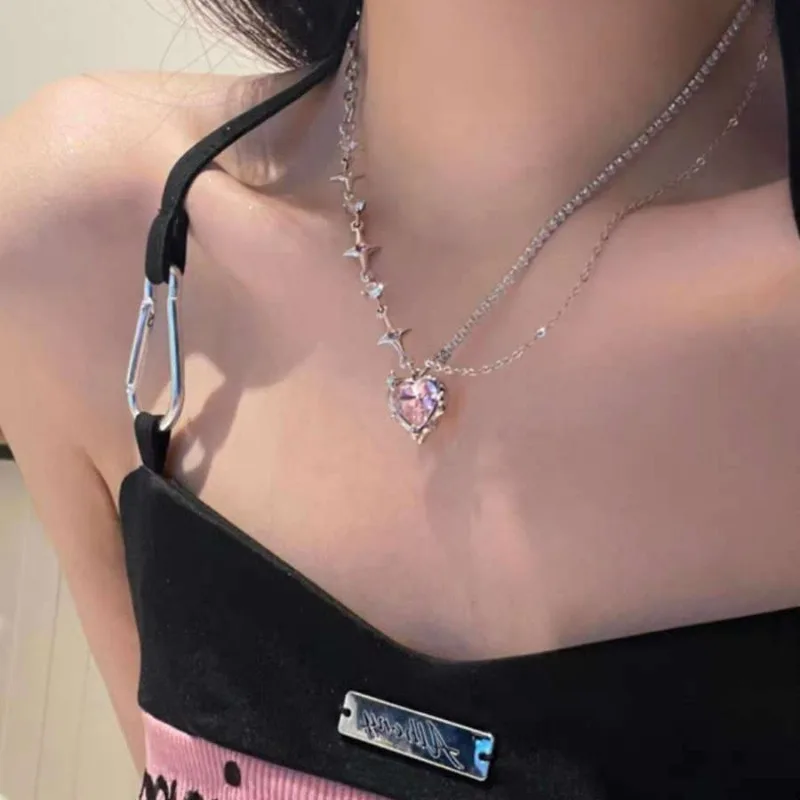 

Kpop Shiny Crystal Heart Necklace for Women Girls Y2k Double-deck Chain Choker Layered Clavicle Chain Jewelry Gifts Accessories