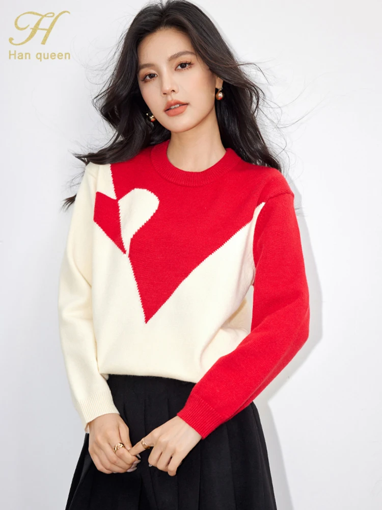 H Han Queen 2024 Autumn Winner Lazy Red Thickened Pullover Sweater Womens Vintage Casual Tops Basic Long Sleeve Knitted Sweaters