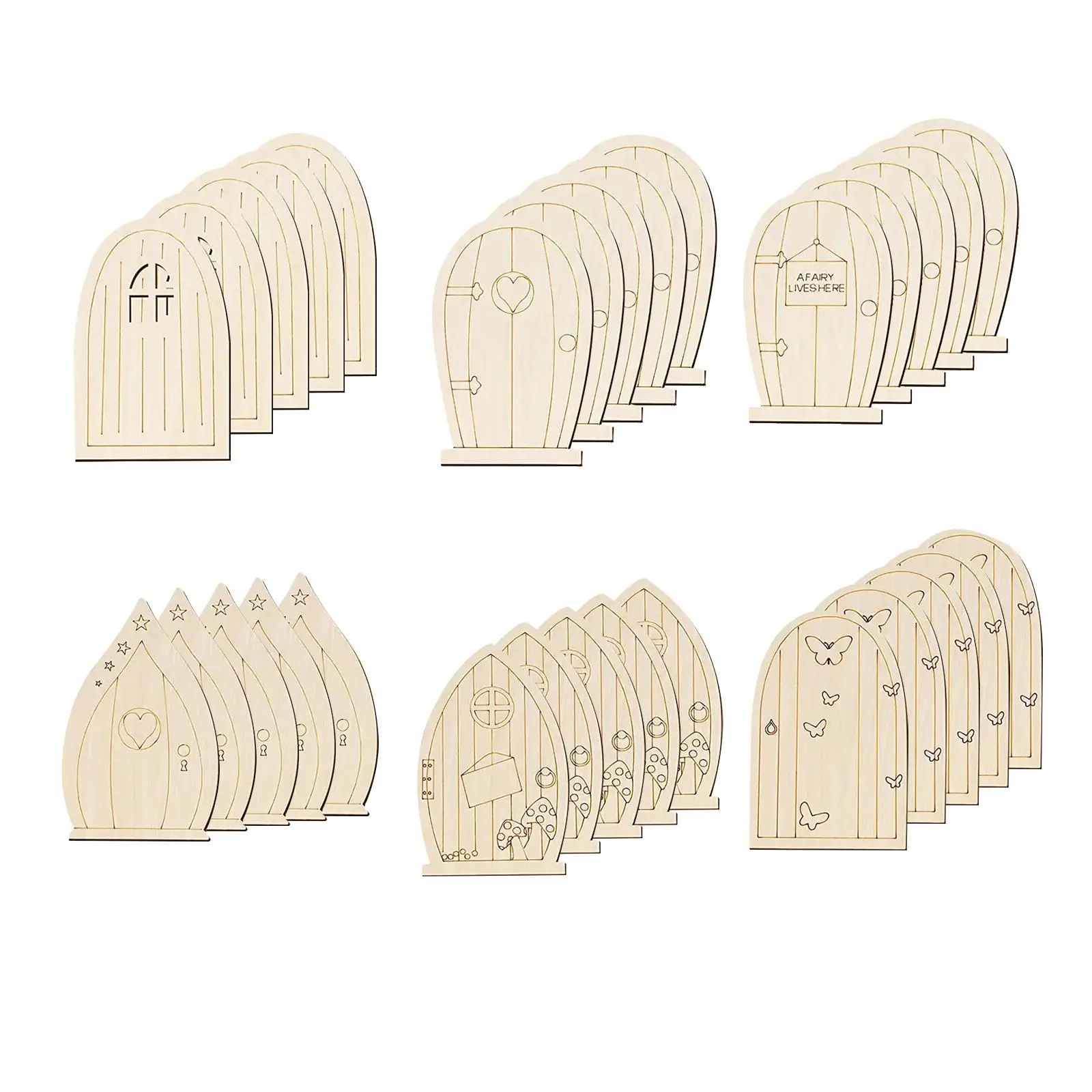 Enchanting Unpainted Wooden Fairy Garden Door Set - 30 Pieces for DIY Crafts and Decor