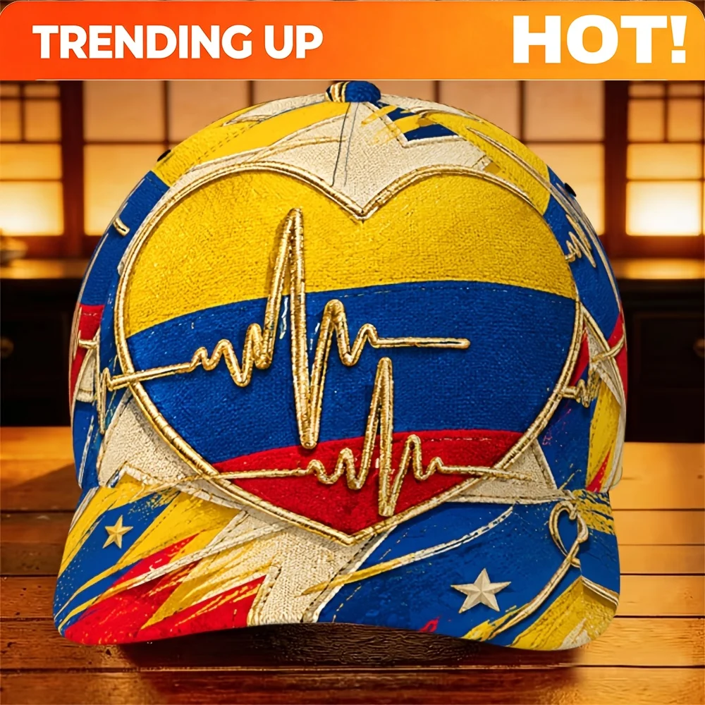 Customization [Positioning Full Print Baseball Cap] 1pc Father'S Day Gift 2D Flat Colombia Heartbeat Golden Design Outdoor Duckb