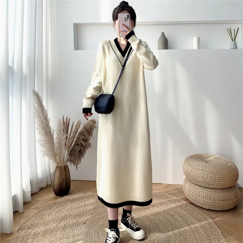 

2024 Casual V-Neck Warm Loose Sweater Dress Women Autumn Winter Lapel Full Sleeve Solid Long Knitted Dress Female vestidos R97