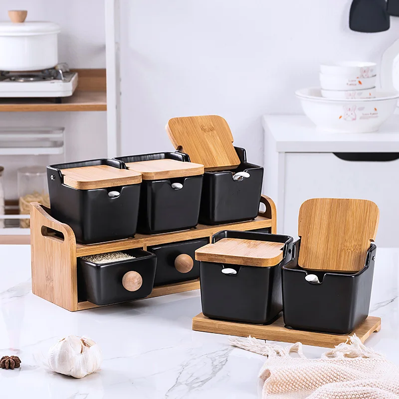 Square Ceramic Seasoning Jars Bamboo and Wood Seasoning Jar Japanese Jar Kitchen Household Salt Seasoning Box Set