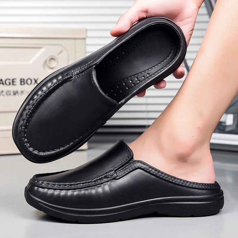 Chef-kok schoenen zomer plus size baotou halve pantoffels antislip oliebestendig business casual heren chef-kok schoenen ademende leren schoen