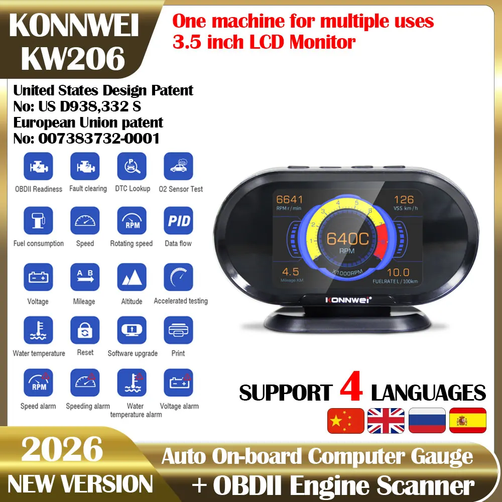 New 2in1 KONNWEI KW206 Car Diagnostic HUD OBD2 Automotive Car Code Reader Adapter Scanner Auto Tools On-Board Computer Display