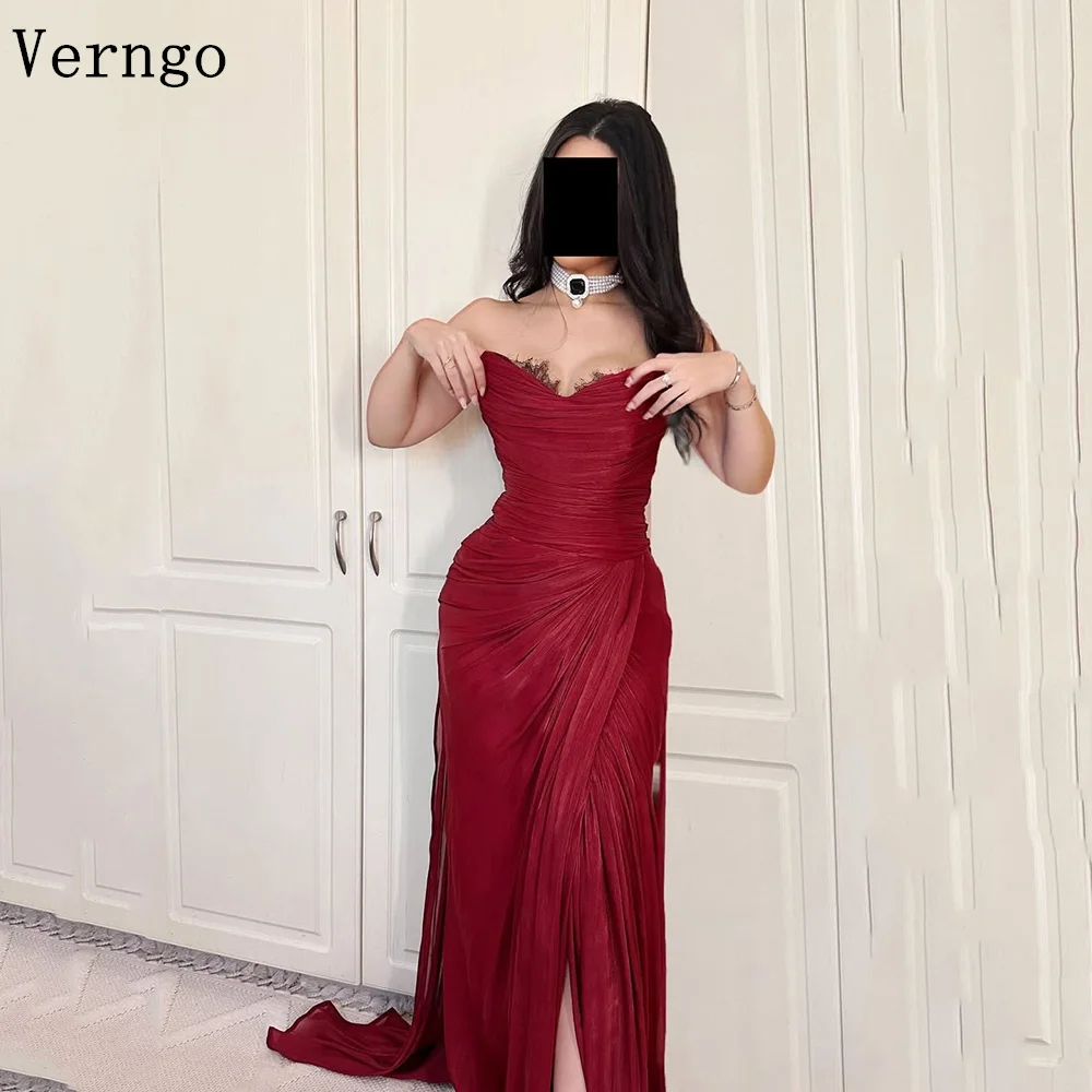 

Verngo Red Shiny Satin Evening Dress Sweetheart Mermaid Formal Occasion Dress Side Slit Maxi Prom Patyu Gowns Customized