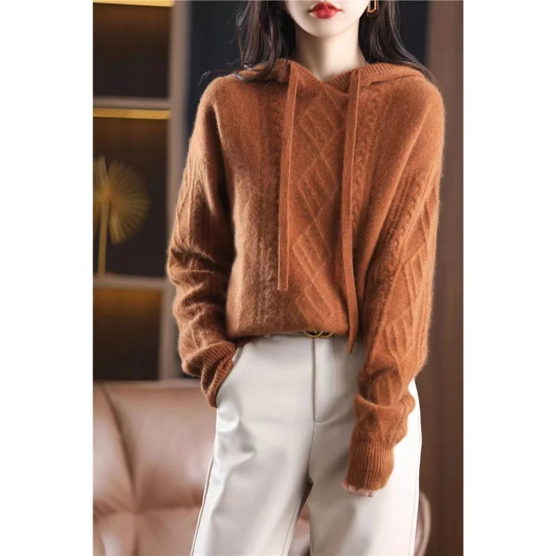 Pullover autumn and winter 2023 hooded knitwear fried dough twist sweater long sleeve women loose pullover knitting sweater