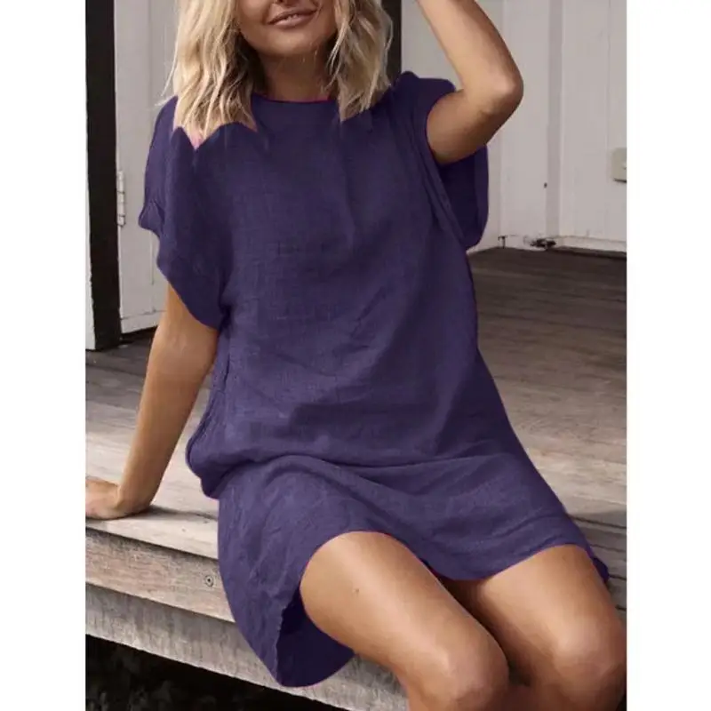 2020 Summer Women's Short Dress Loose Solid Color Cotton Linen Breathable Dress