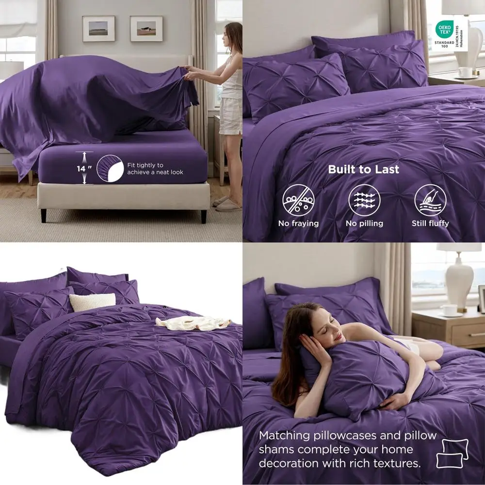

Purple 7-Piece Cal King Bedding Set: Pintuck Comforter with Sheets, Pillowcases & Shams - Perfect Gift for Family