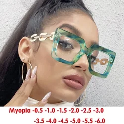Square Chain Non-Prescription Glasses Anti-Blue Light Trendy Large Frame Stre et Style Eyeglass Frame Personality Women 0~-6.0