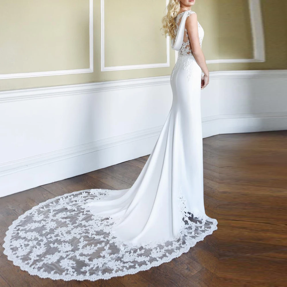 Customized Classic Wedding Dress with Cape Scoop Neck Lace Appliques Train Bride Dresses White Fishtail robe de mariée