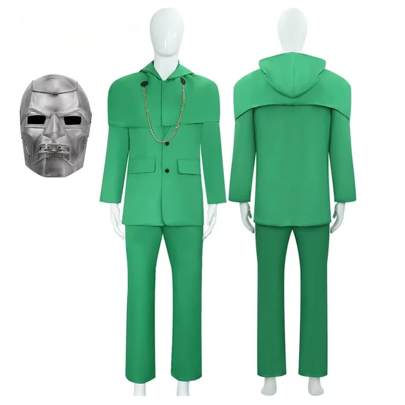 

2025Comic Film Dr. Victor Doctor Von Downy Cosplay Dooms Evil Costume Cloak Green Mens Suit Mask Halloween Party Roleplay Outfit