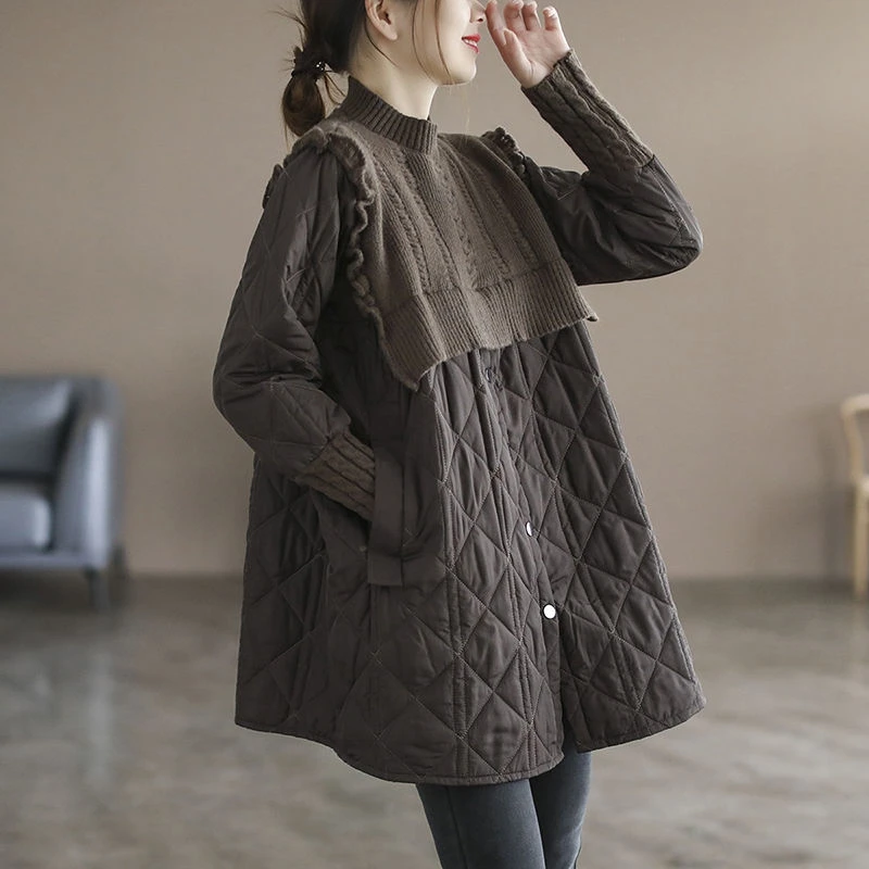 レディースニットロングスリーブサーマルコットンジャケット秋冬スタンドカラースプライシングデザイン快適な韓国風スレコート