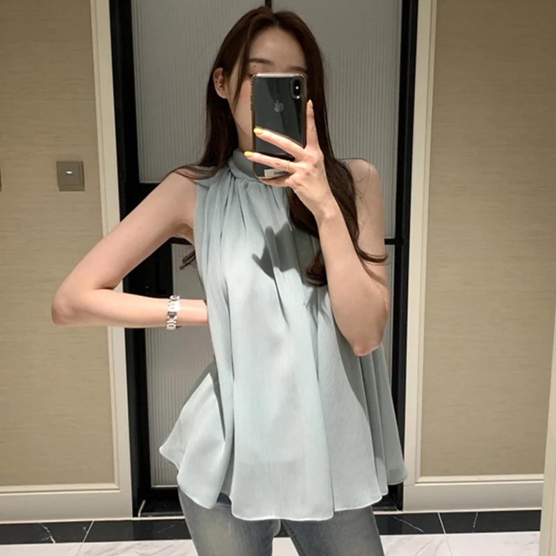 

Korean Chic Summer Casual Stand Collar Pleated Loose Fit Pure Color Svel Vest irt for Women Versatile Comfortable Sle