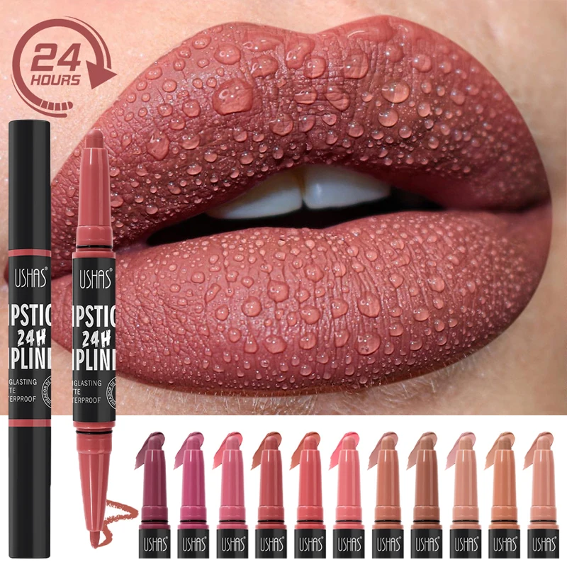 Waterproof Lipstick Lip Liner Contouring Crayon Non-stick Cup 2 IN 1 Double Headed Lipstick Matte Nude Sexy Lipliner Pen Makeup