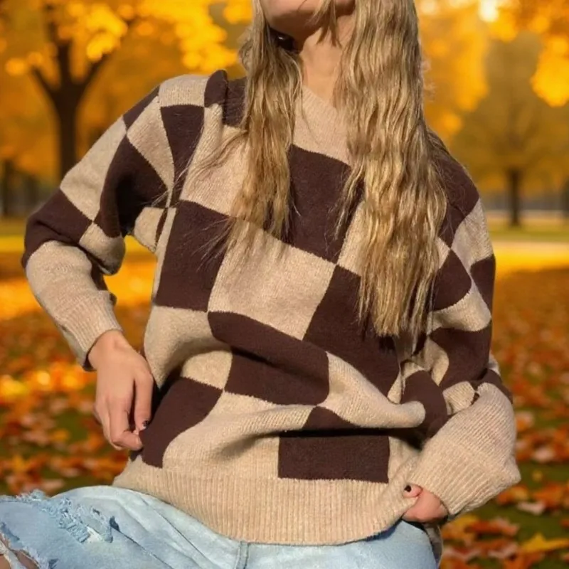 Women's Casual Sweater Tops 2026 Winter New Fashion O-neck Long Sleeve Checkerboard Loose Knitted Sweater For Women Clothing