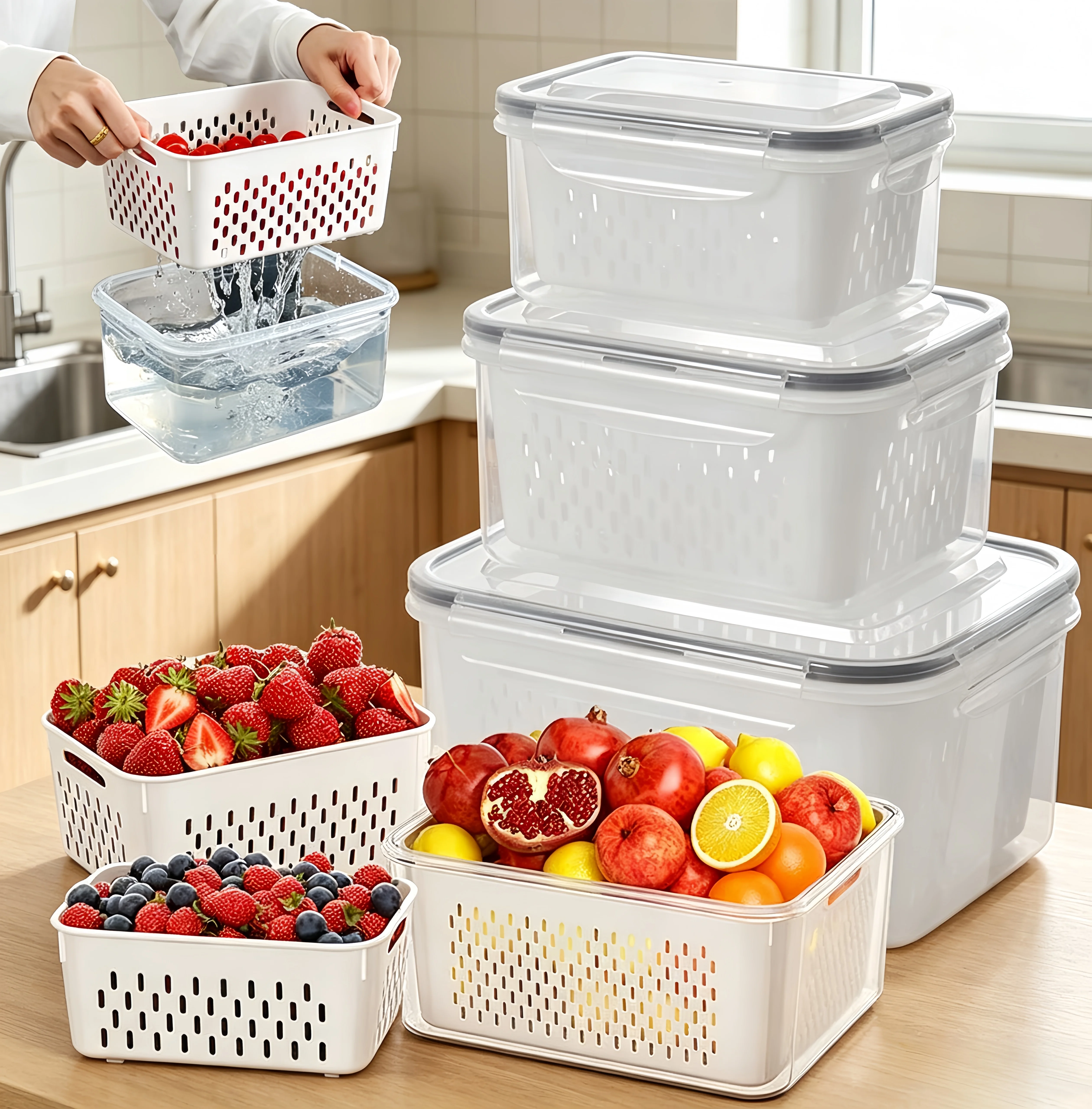 Plastic Fresh-keeping Container Set with Lid Suitable for Refrigerator Filter Fresh-keeping Fruits Vegetables Berries and Meat