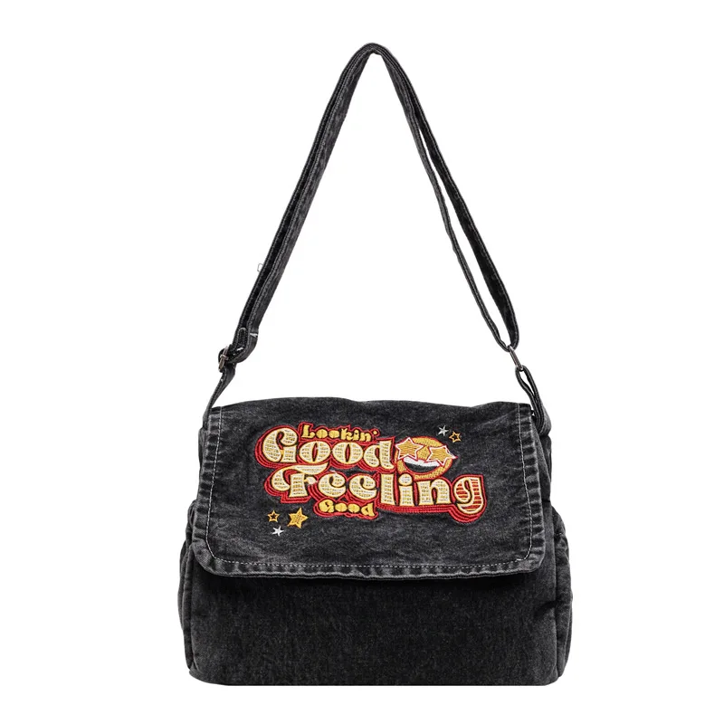 

Women's Denim Tote Bag with Letter Embroidery - Fashionable Crossbody Shoulder Handbag for College Students, Stylish School Bag