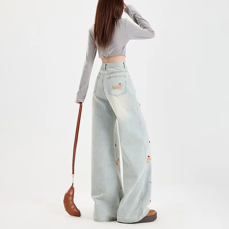 Pantaloni dritti a vita alta con jeans in peluche lavati ad acqua ricamati Fenggejiwo