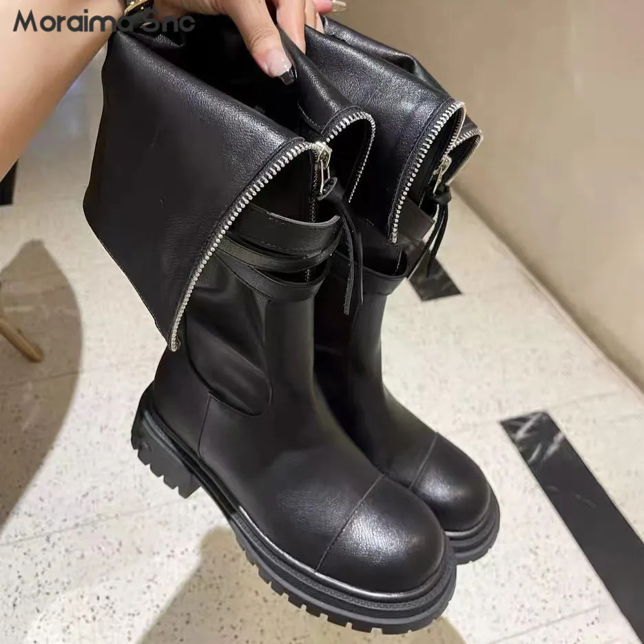 

Belt Buckle Platform Motorcycle Boots Black Round-Toe Knee-High Boots In Stock Knight Boots Fashion Personalized Women's Boots