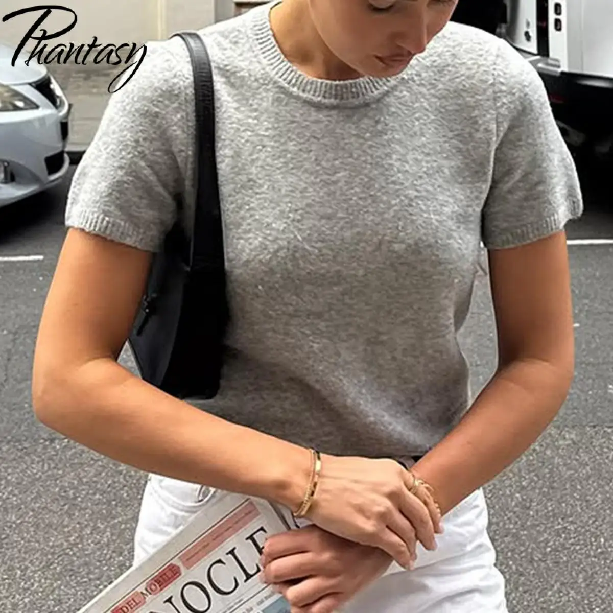 

Phantasy Fashion Wool Women's T-Shirt Casual Women's Knitted Top Elegant Simple Simple Round Neck Short Sleeved Top Women Basic
