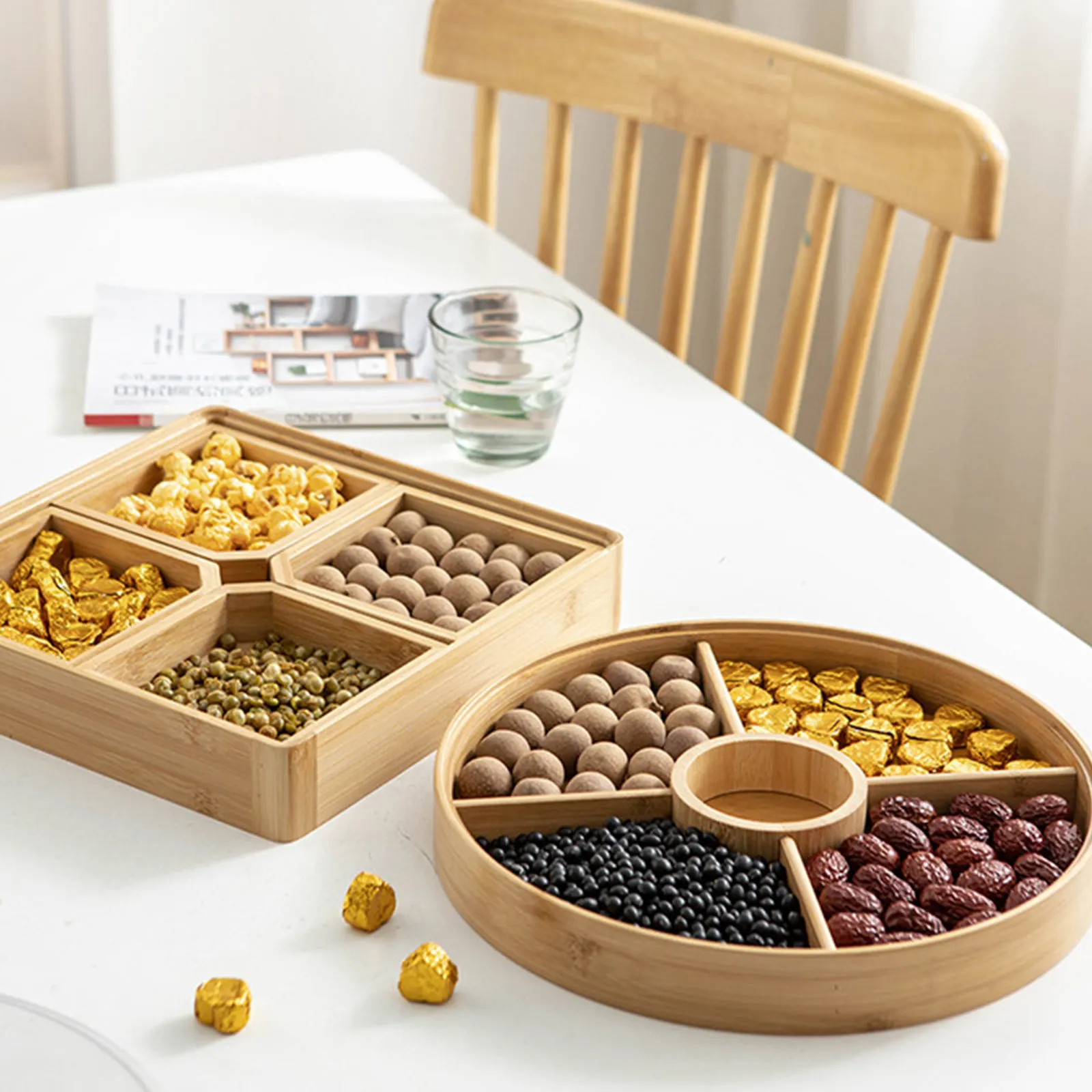 

1Pcs Bamboo Dried Fruit Plate Food Storage Tray Khaki Multi-Functional Household Fruit Tray Portable Food Container