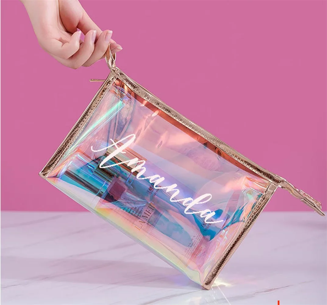 Personalised holographic iridescent Make Up Bags, Cosmetic Bag, Unique Bridesmaid Gift Ideas, Rose Gold Makeup Bags, holographic