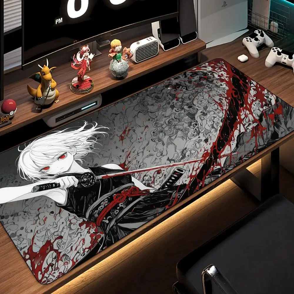 Samurai Anime Girl Large Gaming Mouse Pad Black White Red Sword Warrior Non‑Slip Rubber Extended Keyboard Desk Mat for Gamer