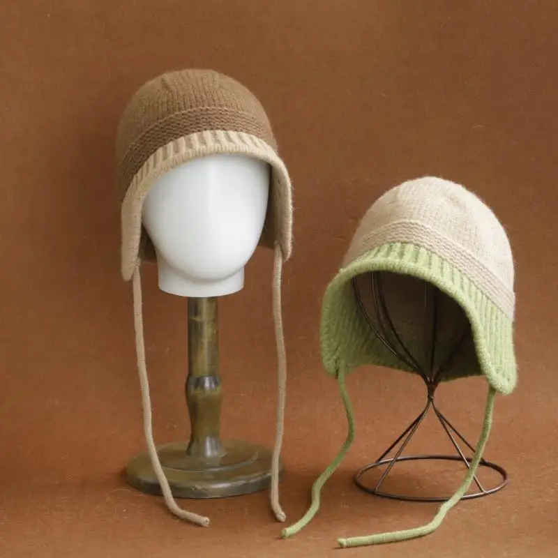2026 New Y2K Autumn Winter Warm Wool Hat Women Fashion Vintage Color-Blocked Knitted Earmuff Hats Versatile Cap Foldable Hat
