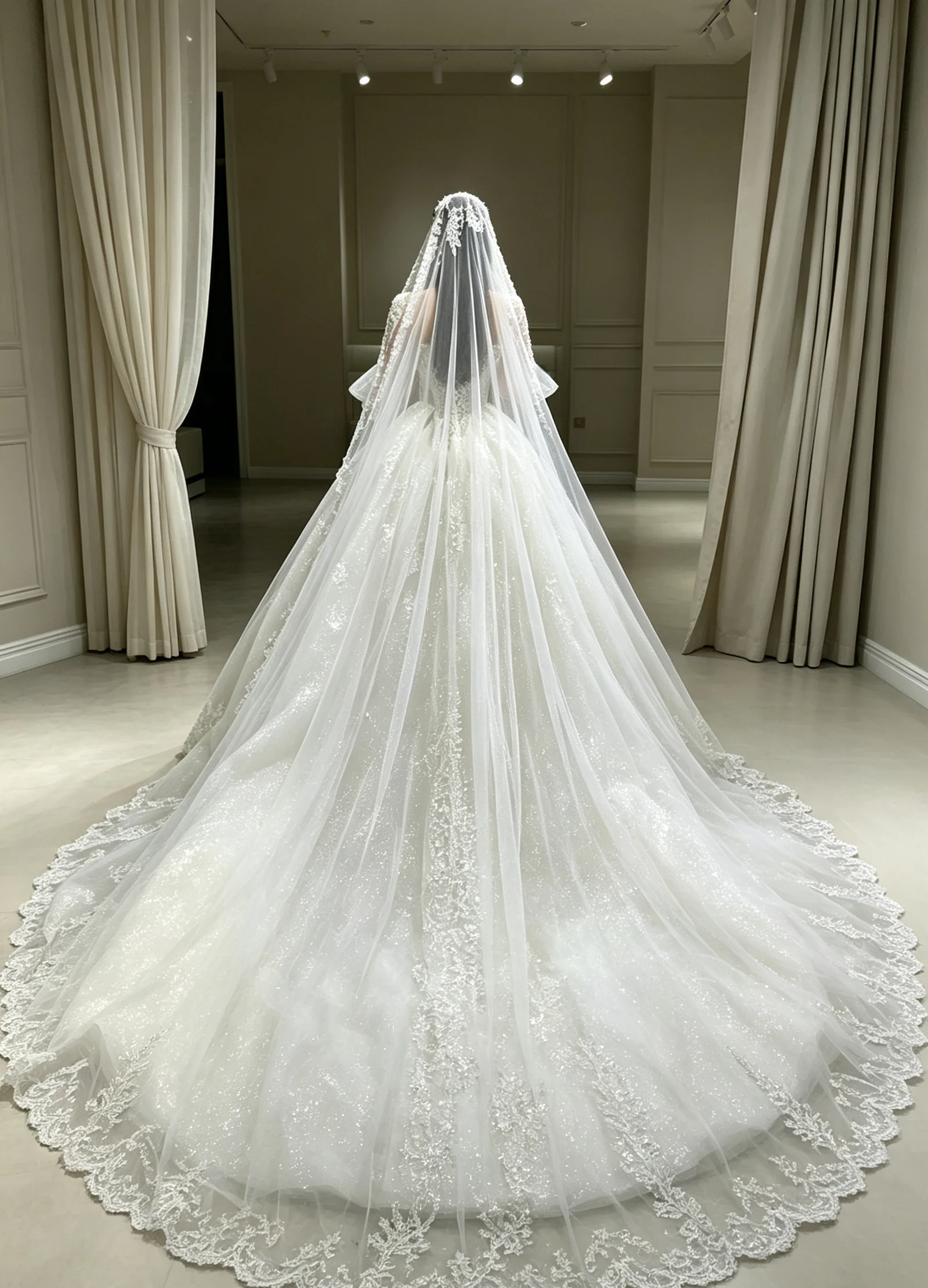Royal Bridal Sparkle Tulle Floral Lace Beaded Sequins Single Layer Trailing Chapel Wedding Veil Customized Bride Veils Mantilla