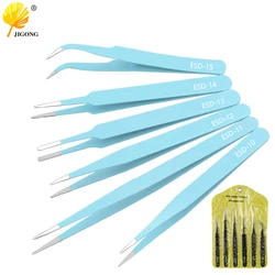 Stainless Steel ESD Multi-colored Tweezers Set, 6 Non-magnetic Precision Tweezers with Straight, Elbow, Flat and Pointed Tips