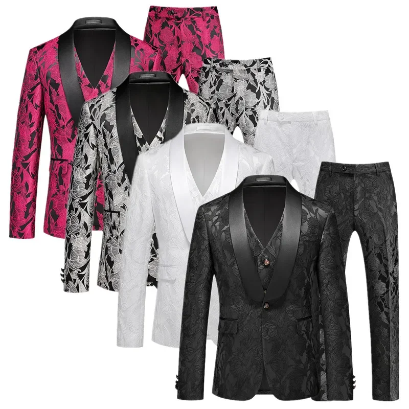 ( Blazer + Pant + Vest ) Fashion Men Luxury Wedding Jacquard Suits Singer Dance Party Stage Performance Tuxedo Dress Set