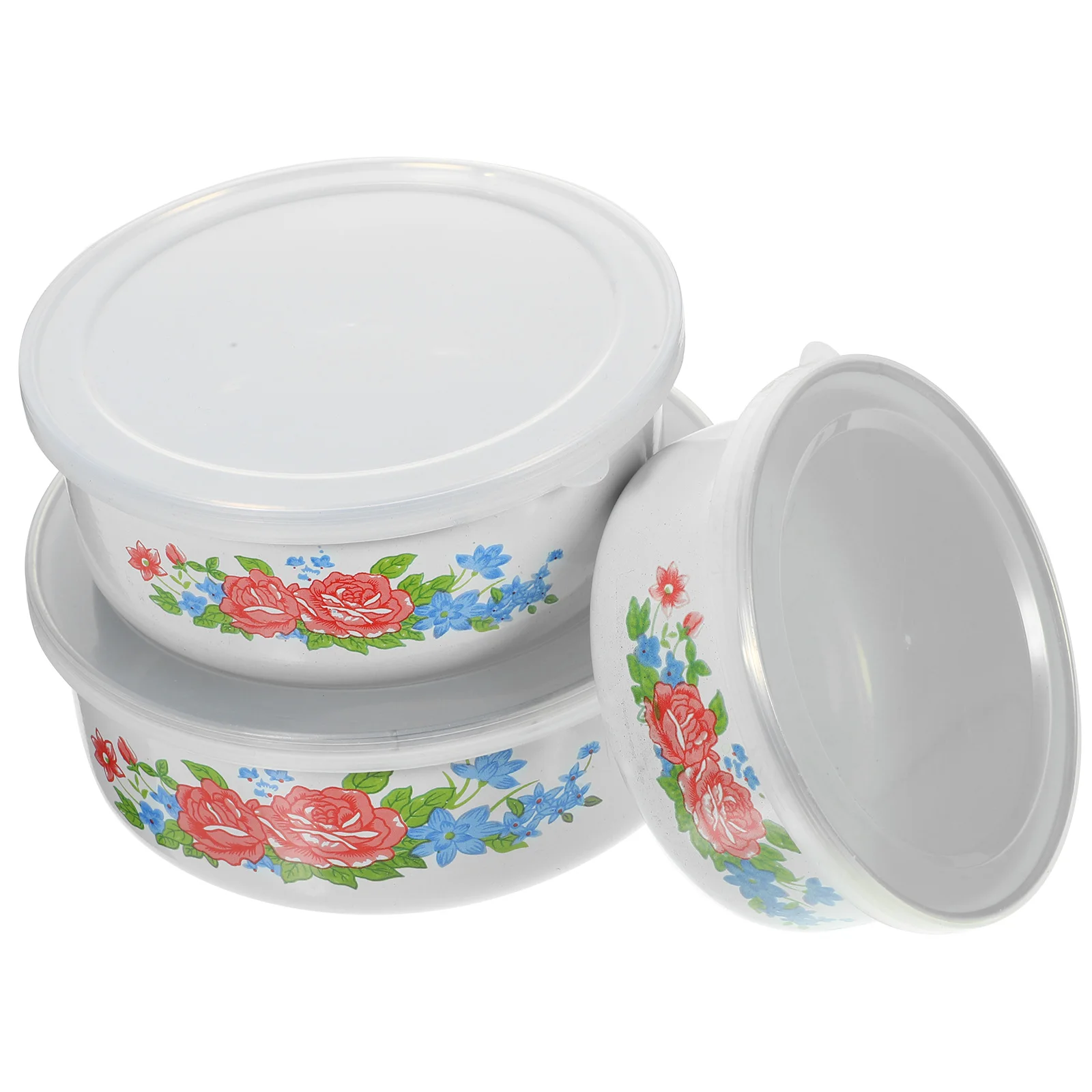 

3pcs Enamelware Salad Prep Bowls Set Colorful Food Storage Containers Lids Fresh Bowls Multifunctional Preservation
