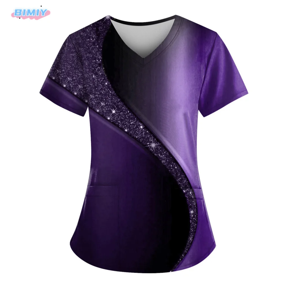 Women Nurse Uniform Starlight Pattern 3D Print V-Neck Pocket Medical Uniforms Fashion Nursing Scrubs Uniforme Women\'s Work Wear