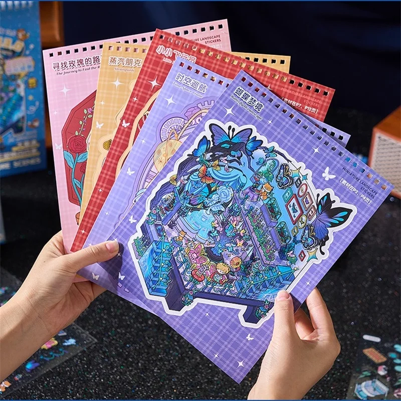 Pegatinas de escena en miniatura de dibujos animados 3D Kawaii, colección de libros, pegatinas apilables de casa de bolsillo, decoración artesanal para álbum de recortes