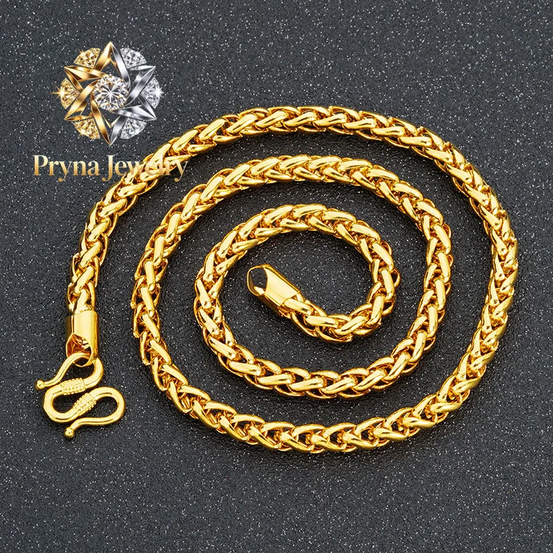 Pryna Jewelry   Luxury 24K 9999 Pure Gold real gold Men's twist chain wheat necklace