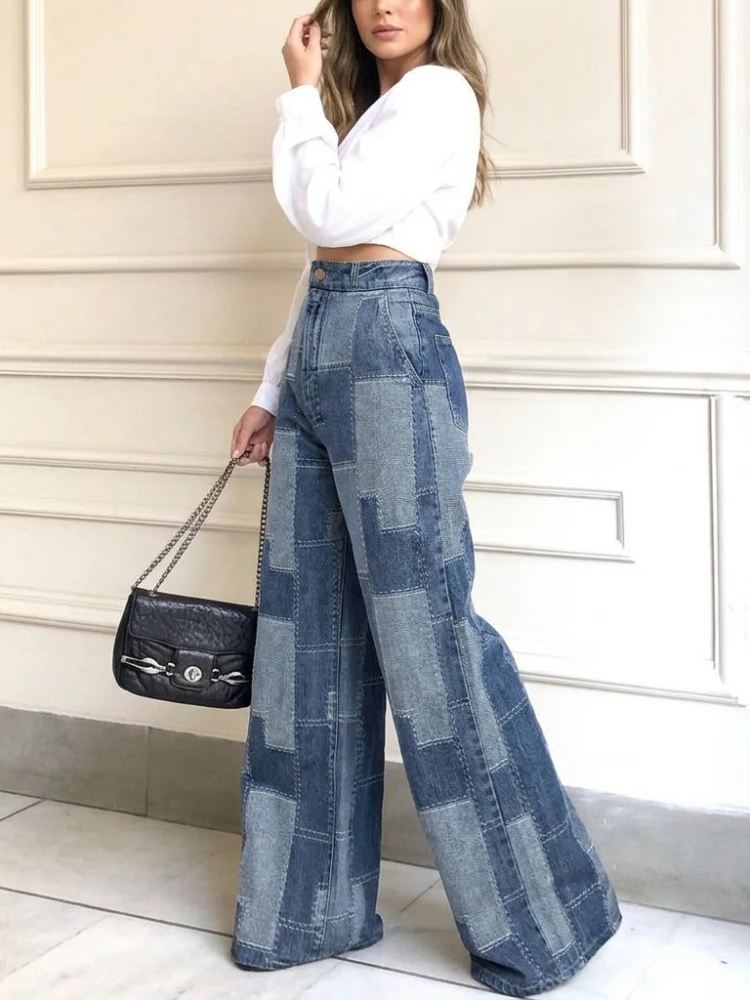 Women Fashion Plaid Contrast Color Imitation Denim Pants Casual Trendy Loose Buttoned High Waist Wide Leg Trousers Bottoms