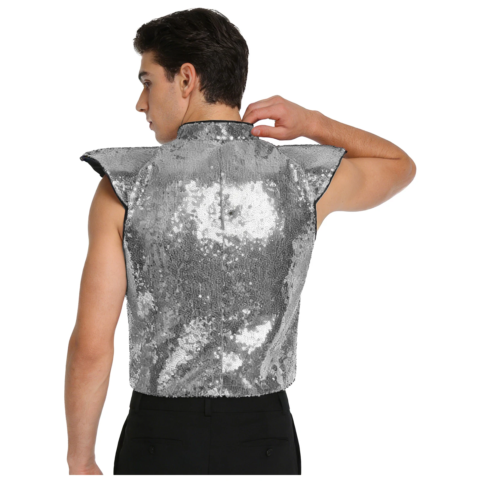 Męska brokatowa kamizelka do tańca jazzowego, cała w cekinach, z falbankowymi rękawami, klapami, dekoltem w serek, bez rękawów, w pełni podszyta, top na scenę lub do klubu.