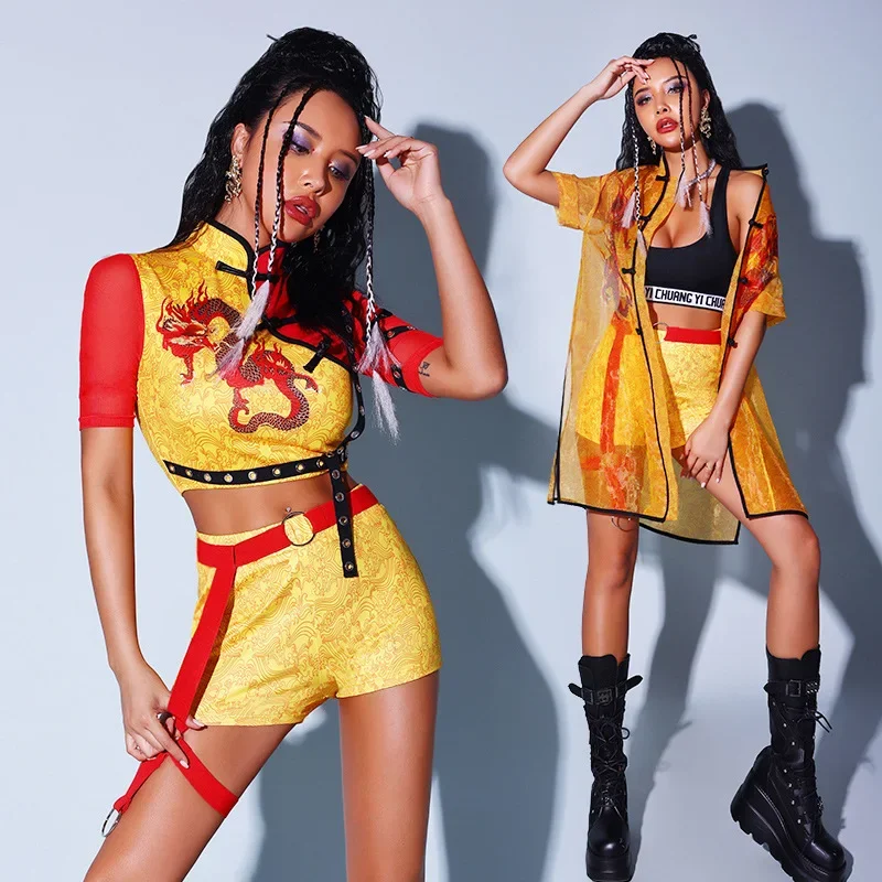 

Chinese Style Hip Hop Dance Clothes Women Gogo Dancer Costume Festival Party Rave Outfit Yellow Coat Shorts Street Wear Summer