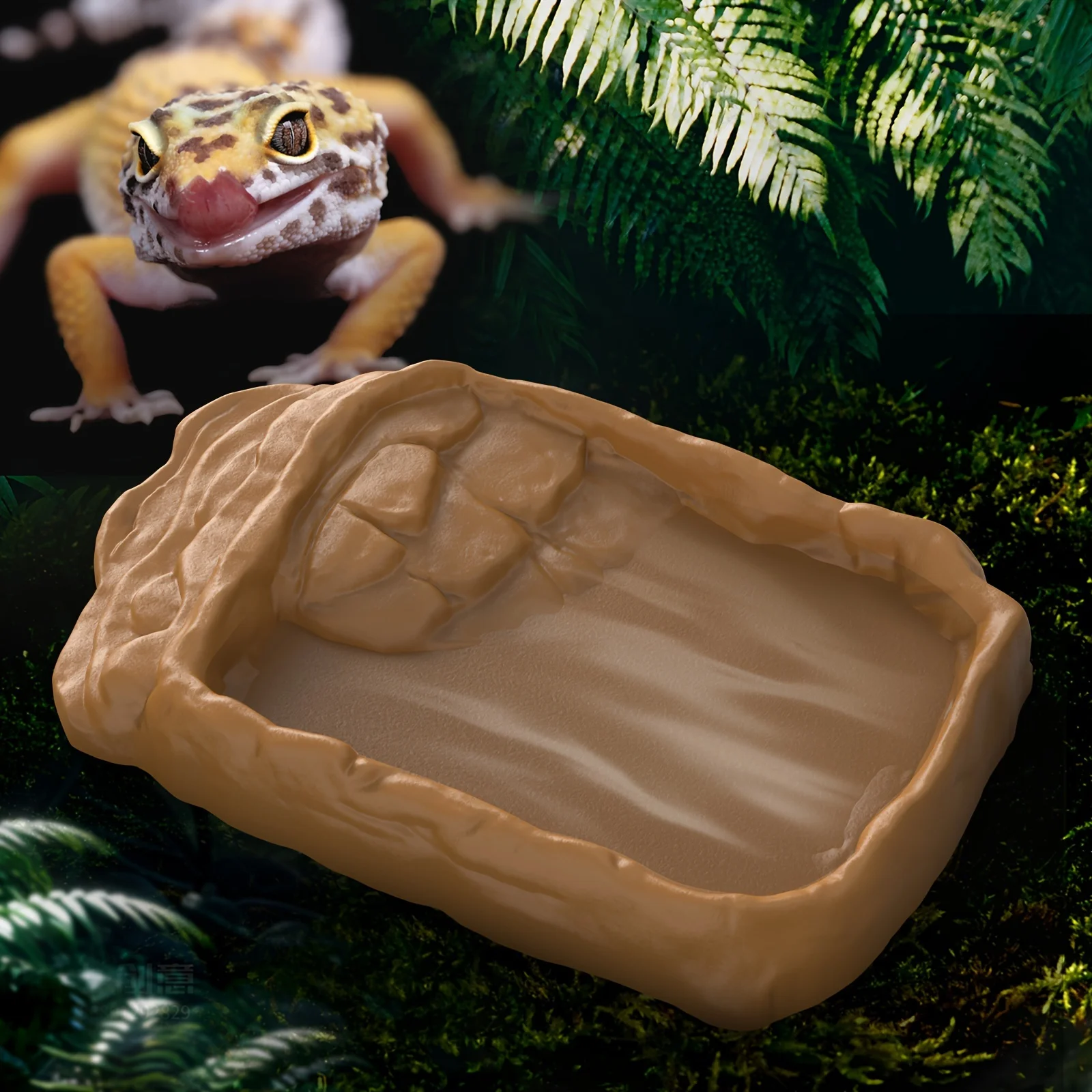 Reptile Food Water Bowl Rock Design Shallow Feeding Dish With Step Ramp for Tortoise Gecko Lizard Hermit Crab Terrarium